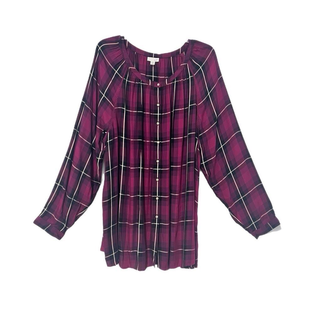 J. Jill Womens 3X Multi Plaid Button Front Tunic Shirt Burgundy Crochet Accents